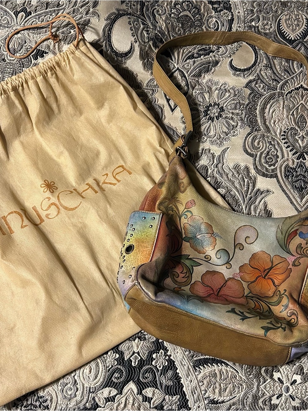 Anuschka Hand-Painted Floral Leather Hobo Bag in Multi/Tan